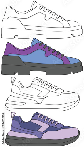 Set sneaker shoe concept. Sneakers design. Vector illustration. Set of sneakers style. Sneakers side view. Fashion sneakers.