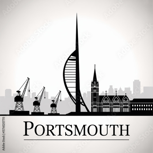 Portsmouth Skyline Silhouette + Historic British Naval Port City Vector Illustration