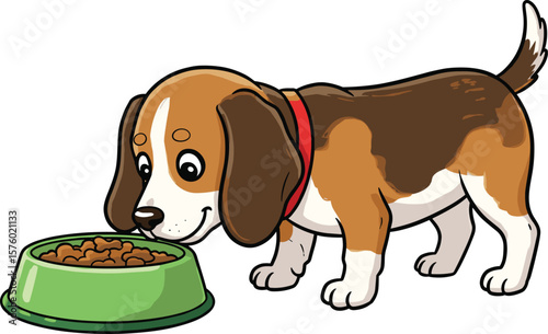 Cartoon beagle puppy eating dry dog food from green bowl, cute pet animal vector illustration, happy and playful domestic dog