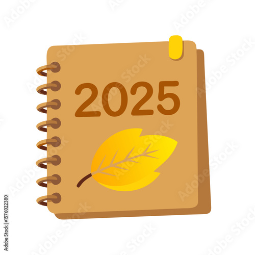 Colored vector icon of a brown closed notebook with "2025" written on it and an autumn yellow leaf, symbolizing planning, organization, and the fall season. Isolated on a white background