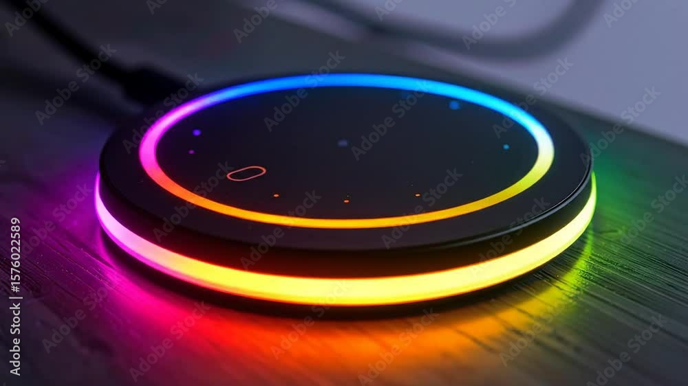 A disc-shaped electronic device glows with a vibrant gradient of colors around its edges. It rests on a dark wooden surface A disc-shaped electronic device glows with a vibrant gradient of colors around its edges. It rests on a dark wooden surface