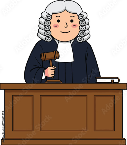 Cartoon judge character sitting at courtroom bench, holding gavel, legal justice illustration, law concept, professional court scene artwork