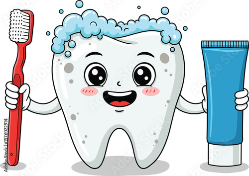 Cartoon tooth character with happy smile holding red toothbrush and blue toothpaste, promoting dental care, hygiene, oral health, kids brushing