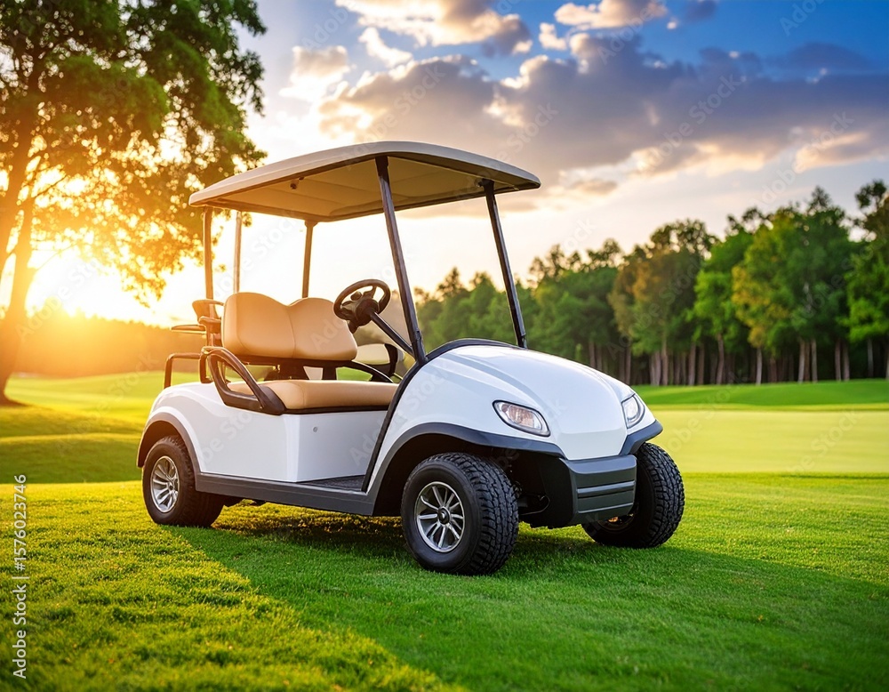 Fototapeta premium Serene Sunset Golf Cart on Lush Green Course.
