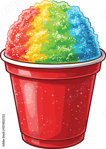 Colorful rainbow shaved ice dessert in red plastic cup, sweet icy summer treat illustration, vibrant cold cartoon food for fun