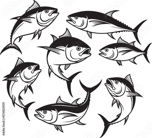 Assorted tuna fish illustrations in a circular design perfect for seafood fishing and marine life themes
