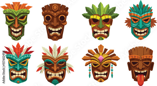 Colorful tribal tiki masks collection, traditional cultural wooden faces, vector illustration set, ethnic mask art, festival costume decor icon