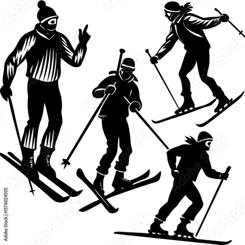 Skiing Silhouette Set – Vector Collection of Skiers in Action

