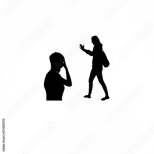 Silhouette of person looking left while walking right in conflict on white background