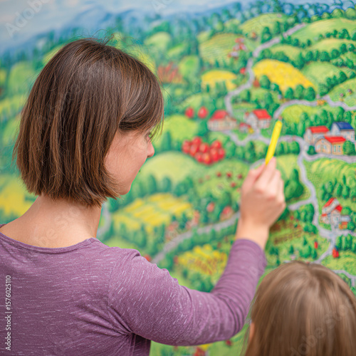 A woman and child study a colorful illustrated map or mural depicting a vibrant countryside landscape with houses, fields, and greenery.