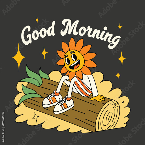 The cartoon's head is like a sunflower, sitting on a wooden cart.