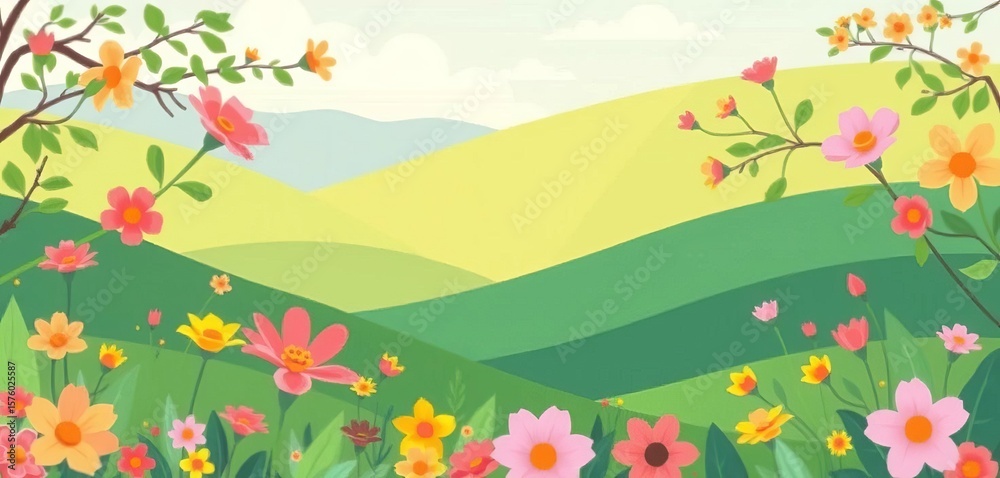 Fototapeta premium Flat style spring/summer landscape Vibrant floral and leaf vector background with copy space, artwork, illustration