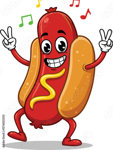 Funny cartoon dancing hot dog with mustard, music notes, smiling face, cute sausage character, fast food illustration, vector design