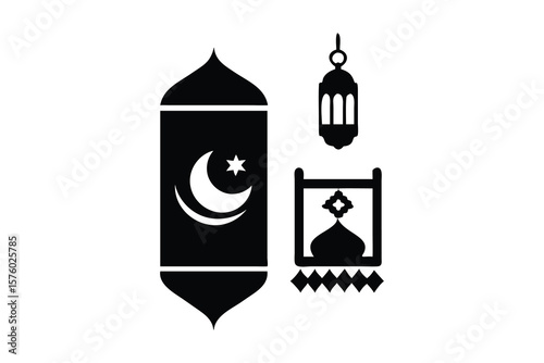 Elegant Islamic Ramadan Icons: Crescent Moon, Lantern, Prayer Mat, Black Silhouette Design