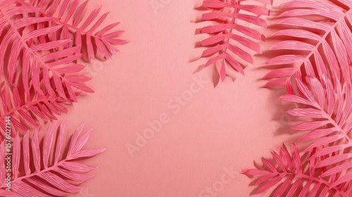 pink background with exotic large leaves, with space for text