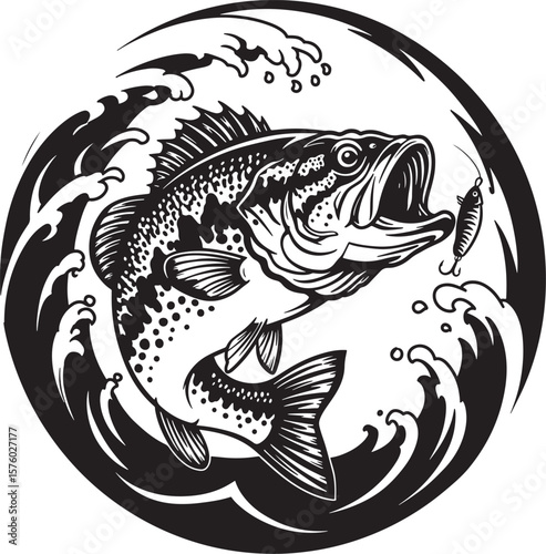 Black and white silhouette of a largemouth bass jumping out of water with a fishing lure and waves in a circular design