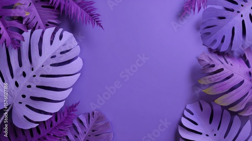 purple background with exotic large leaves, with space for text
