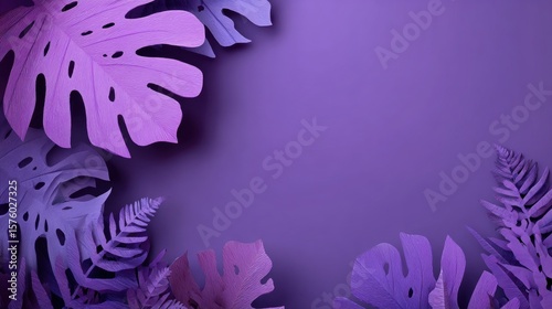 purple background with exotic large leaves, with space for text