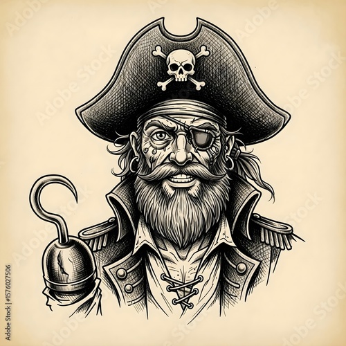Grinning One-eyed Pirate Captain With Hook