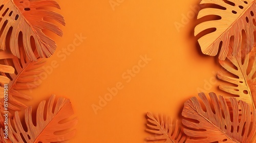 orange background with exotic large leaves, with space for text