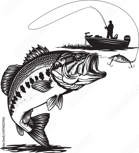 Dynamic black and white illustration of a largemouth bass jumping to catch a lure with a fisherman in a boat in the background perfect for fishing and outdoor themes