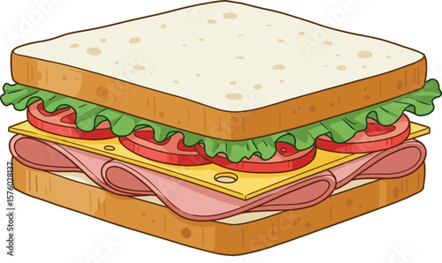 Tasty cartoon sandwich with lettuce, tomato, ham, cheese, white bread, lunch food, vector style, delicious snack, isolated design