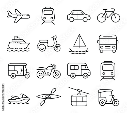 Holiday Transportation line art icons. airplane, train, rental car, bicycle, cruise ship, scooter, sailboat, bus, tuk-tuk, motorbike, camper van, subway, jet ski, kayak, cable car,