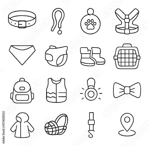 Dog Accessories line art icons. collar, leash, dog tag, harness, bandana, coat, booties, travel crate, backpack for dogs, cooling vest, safety light, bow tie, raincoat, muzzle, car