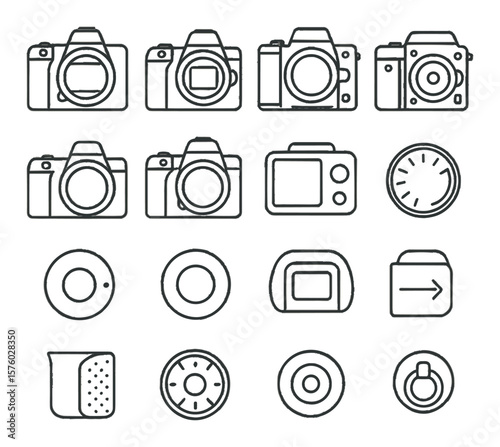 Professional Camera Bodies line art icons. full-frame camera, APS-C camera, medium format camera, cinema camera, mirrorless body, DSLR body, top LCD screen, mode dial, lens release