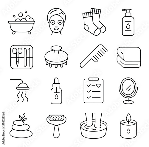 Self-Care Essentials line art icons. bubble bath, face mask, cozy socks, body lotion, nail care set, scalp brush, comb, fluffy towel, shower steam, skincare bottle, wellness