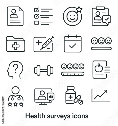 Health surveys line art icons. patient chart, symptoms list, health score, appointment feedback, medical history, vaccine record, daily tracker, mood scale, wellness question,
