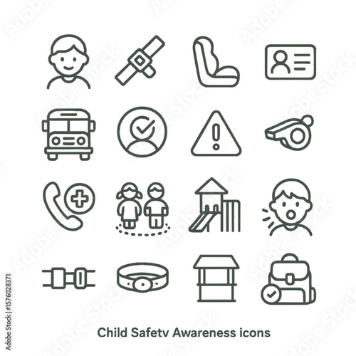 Child Safety Awareness line art icons. child icon, safety strap, car seat, emergency contact card, school bus icon, trusted adult badge, warning triangle, safety whistle, emergency