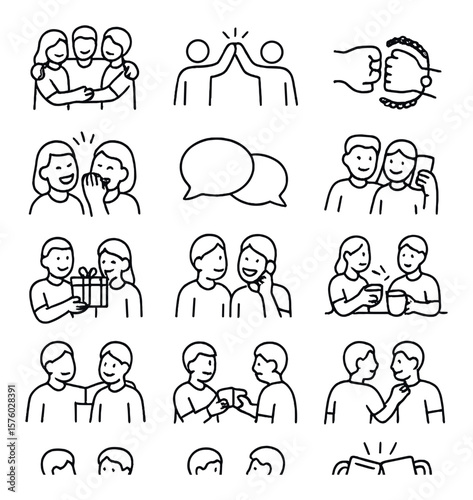 Friendship gestures line art icons. group hug, high five, fist bump, friendship bracelet, shared laughter, chat bubble, selfie together, shared pizza, birthday gift, inside joke,
