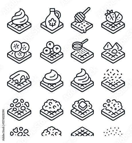Waffle Toppings line art icons. whipped cream, maple syrup, honey drizzle, strawberry slices, banana slices, blueberries, powdered sugar, chocolate chips, caramel sauce, peanut