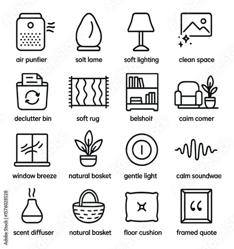 Wellness Home Environment line art icons. air purifier, salt lamp, soft lighting, clean space icon, declutter bin, soft rug, bookshelf, calm corner, window breeze, indoor plant,