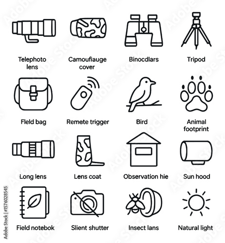 Wildlife Photography line art icons. telephoto lens, camouflage cover, binoculars, tripod spike, field bag, remote trigger, bird perch, animal footprint, long lens icon, lens coat,