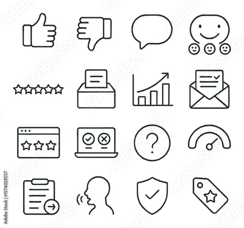 Customer feedback line art icons. thumbs up, thumbs down, comment bubble, smiley face scale, five-star rating, suggestion box, response chart, email feedback, product review, quick