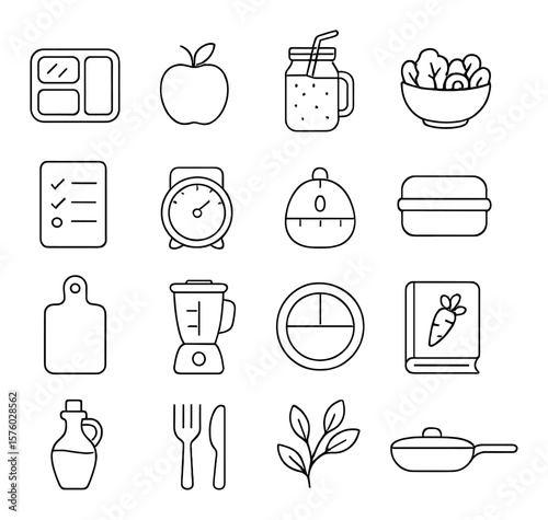 Healthy Food Planning line art icons. meal prep box, apple, smoothie jar, salad bowl, grocery list, scale, kitchen timer, lunchbox, cutting board, blender, portion plate, recipe