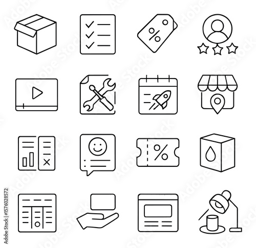 Product marketing line art icons. product box, feature list, benefit tag, user review, demo video, product spec icon, launch calendar, go-to-market icon, comparison chart, customer