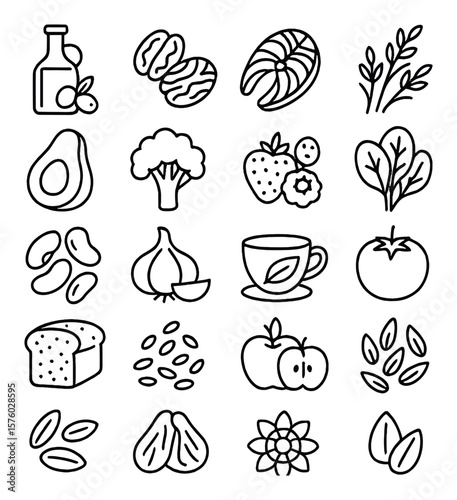 Heart-healthy diet line art icons. olive oil bottle, walnuts, salmon, oats, avocado, broccoli, berries, spinach, beans, garlic, green tea, tomato, whole grain bread, flaxseeds,