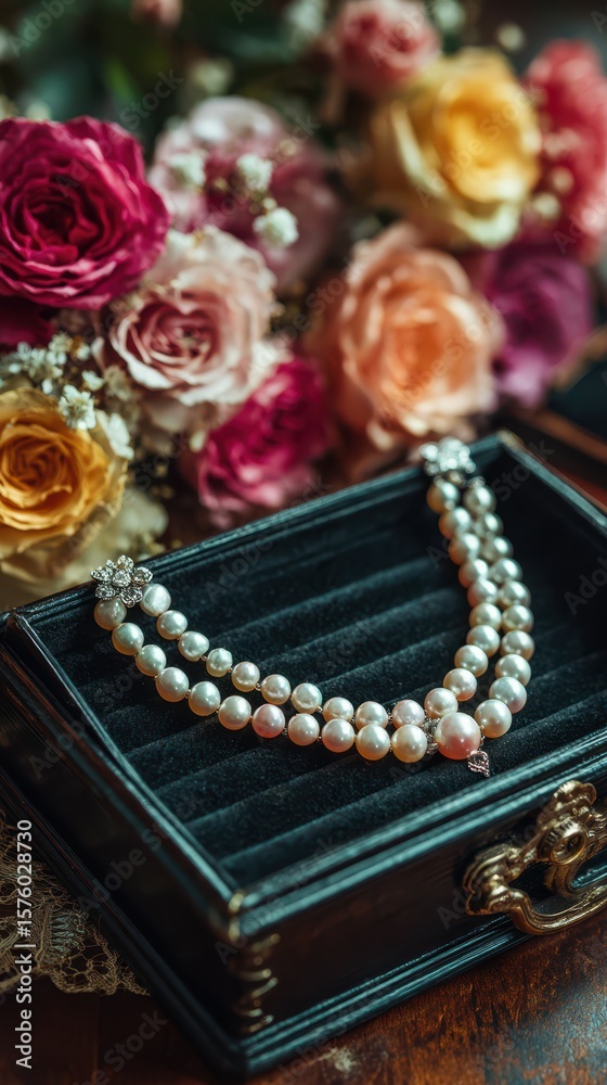 Fototapeta premium Elegant pearl necklace displayed on a black velvet box surrounded by colorful roses in a vintage setting