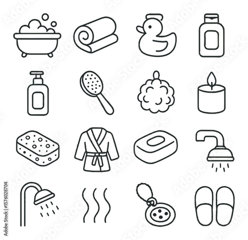 Lazy Bath Time line art icons. bubble bath, towel roll, rubber duck, shampoo bottle, body wash, bath brush, loofah, scented candle, sponge, bathrobe, soap bar, water faucet, shower