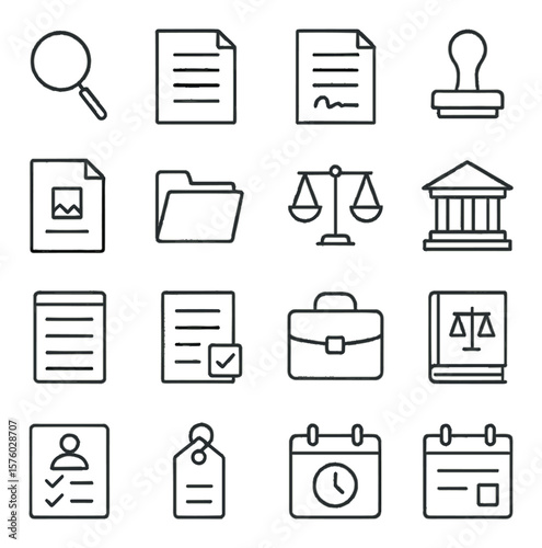 Legal review line art icons. magnifying glass, document page, contract sheet, signature line, stamp seal, evidence icon, case file, balance scale, court building, legal pad, clause