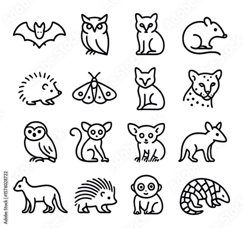 Nocturnal Animals line art icons. bat, owl, raccoon, opossum, hedgehog, moth, fox, leopard, nightjar, bush baby, aye-aye, bandicoot, civet, porcupine, slow loris, pangolin.