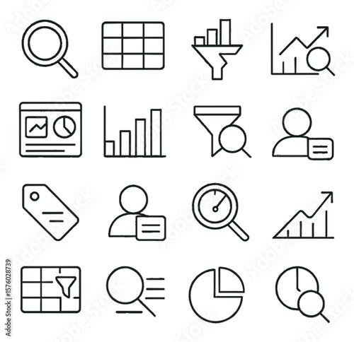 Data Search & Analysis line art icons. data magnifier, table icon, bar chart filter, search stats, thin dashboard, analytics icon, funnel search, graph icon, keyword tag, user data