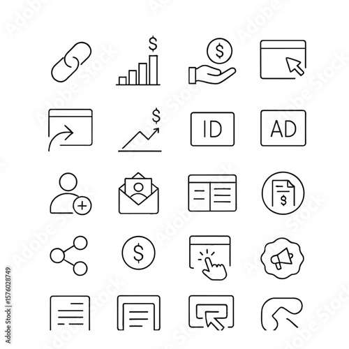Affiliate marketing line art icons. affiliate link, commission chart, payout icon, traffic referral, earnings graph, tracking ID, banner ad, signup icon, referral email, dashboard