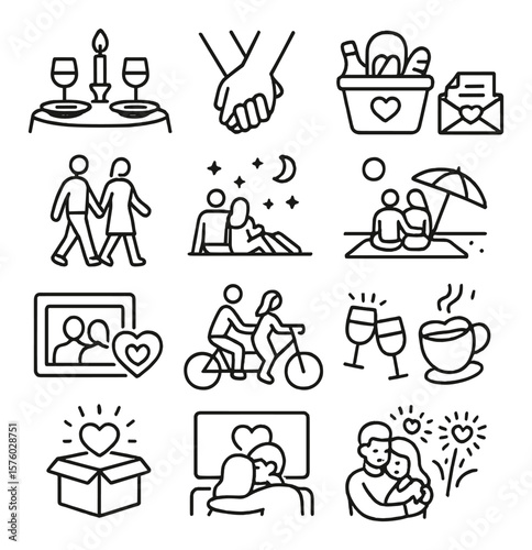 Romantic activities line art icons. candlelight dinner, holding hands, picnic basket, love note, couple walking, stargazing, beach date, heart gift, photo frame, bike ride, couple
