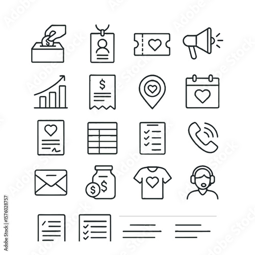 Charity Support Tools line art icons. donation box, volunteer badge, event ticket, megaphone, fundraising chart, donation receipt, heart pin, charity calendar, pledge form, signup