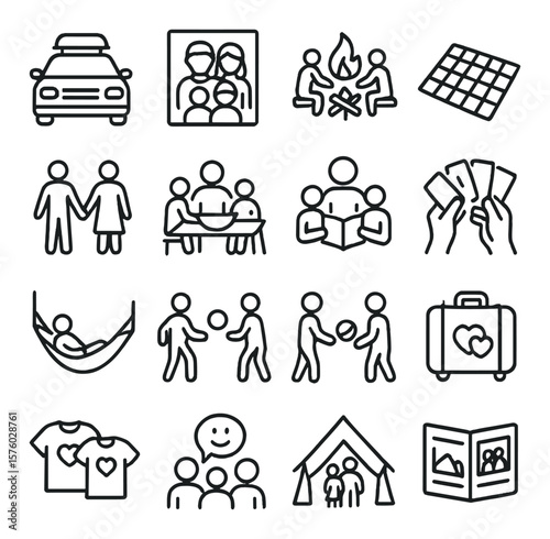 Family Holiday Time line art icons. family car, group photo, campfire gathering, picnic blanket, hand-in-hand icon, shared meal, story time, playing cards, hammock, outdoor game,