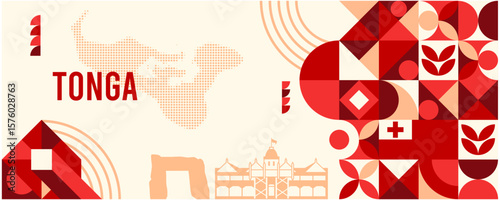 Colorful Geometric Tonga Banner with Cultural Symbols and Flag Elements